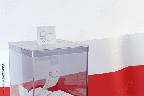 Transparent ballot box on a white-red background, 3D illustration