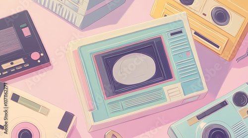 A whimsical illustration featuring a Polaroid frame in soft pastel colors, surrounded by a tape, vintage radio, CD, and Walkman, evoking nostalgia.