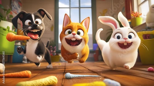 A group of friendly pet characters, including a dog with a bone, a cat playing with yarn, and a bunny munching on a carrot, all in a colorful, homey environment. 