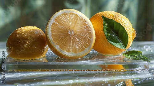 Lemon on a transparent podium with a green background, shown from a frontal view