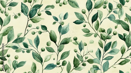 Seamless watercolor pattern featuring green winter leaves branches and mistletoe berries ideal for wedding invitations and seasonal promotions