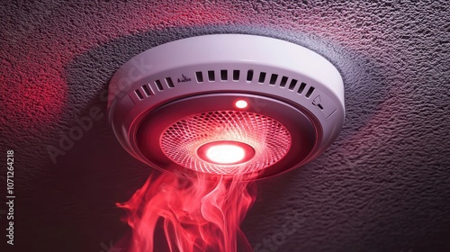 A sleek, modern smoke detector emitting a red warning light, indicating smoke detection.