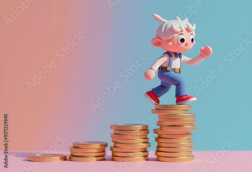 stylized character climbing stacks of coins symbolizes financial growth and ambition. vibrant colors enhance playful and optimistic mood of scene