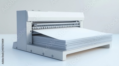 Paper Folding Machine realistic, close-up of a paper folding machine for printing, placed on a solid white background with focus on folding trays and guides