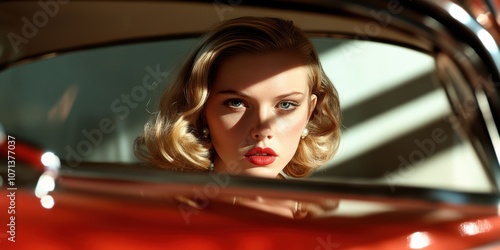 A poised woman with classic blonde waves and pearls is captured through a car window, embodying vintage glamour and timeless allure.