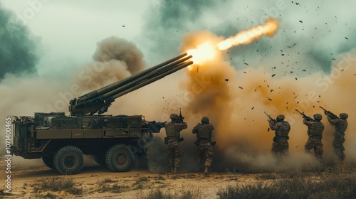 A military unit deploying a multiple-barrel rocket launcher system in a tactical combat zone