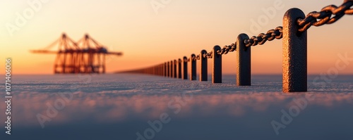 A row of shipping cranes halted by chains against a stunning sunset backdrop