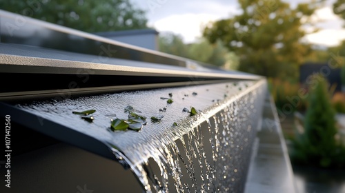 Efficient polymer gutter on a roof, capturing rainwater and directing it safely for optimal water management.