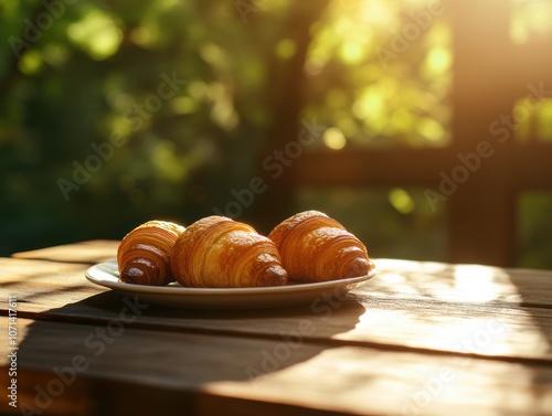 Delightful, freshly baked croissants resting on a rustic wooden table, basking in the warm glow of morning sunlight amidst a serene natural setting.