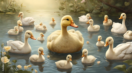 The Ugly Duckling – Illustration of a Small, Unremarkable Duckling Surrounded by Larger, Beautiful Swans on a Peaceful Lake