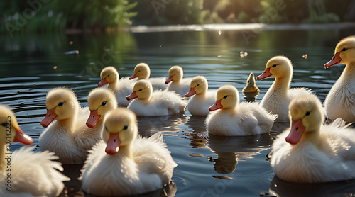 The Ugly Duckling – Illustration of a Small, Unremarkable Duckling Surrounded by Larger, Beautiful Swans on a Peaceful Lake