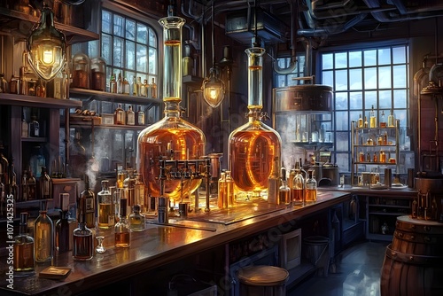 Exclusive Perfume Distillery with Ornate Glassware and Moody Lighting