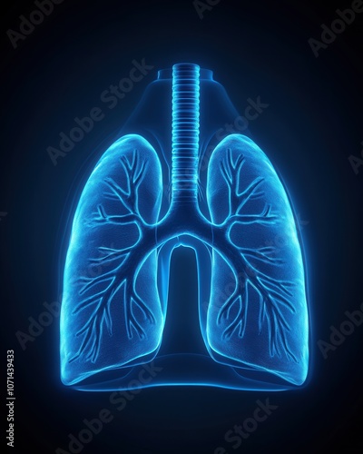 3D illustration of human lungs with trachea and bronchi, isolated on a dark background.