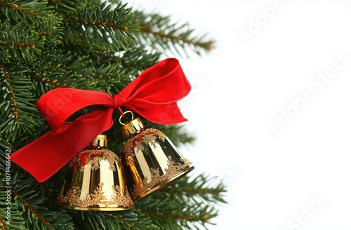 Shiny Christmas bells adorned with a vibrant red ribbon hanging from a pine branch