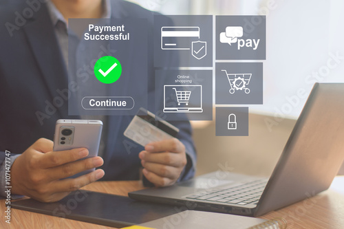  online shopping and payment transaction process, secure online payment, internet banking, fintech, digital money transfer, e-commerce, wallet app concept 