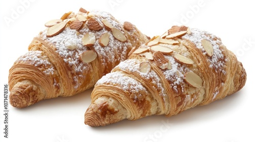 Two flaky croissants topped with sliced almonds and powdered sugar.