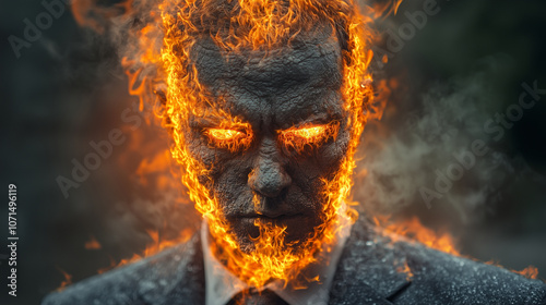 Man in a suit with a face of burning coal symbolizing the destructive impact of fossil fuel extraction and use in a powerful representation of the draconic legacy of industrial resource exploitation