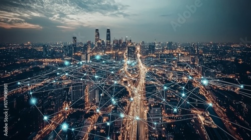 A nighttime aerial view of the city, with glowing network connections linking buildings and streets across its landscape