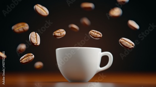 White coffee cup with coffee beans flying out of it. Concept of motion and energy, as if the coffee is being poured out of the cup and into the air. The scene is dynamic and lively