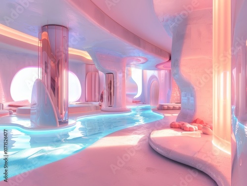 A vibrant, futuristic water spa illustrated in neon pink and blue tones with fluid shapes