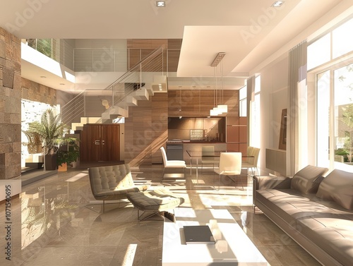 A bright, airy interior with polished floors, modern furniture, and an elegant staircase with a view to the upper level