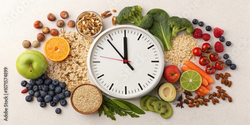 Healthy Food Surrounding the Clock A closeup shot featuring a clock surrounded by healthy food items that correspond to meal times oats fruits veggies and whole grains arranged