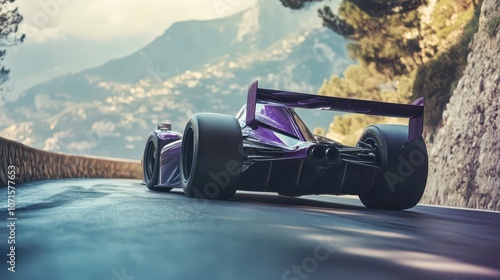 Cinematic backview of a metallic purple F1 car on Amalfi Coast: Focused on rear wing with natural bokeh. Stunning 12K resolution captures the essence of speed and scenery.