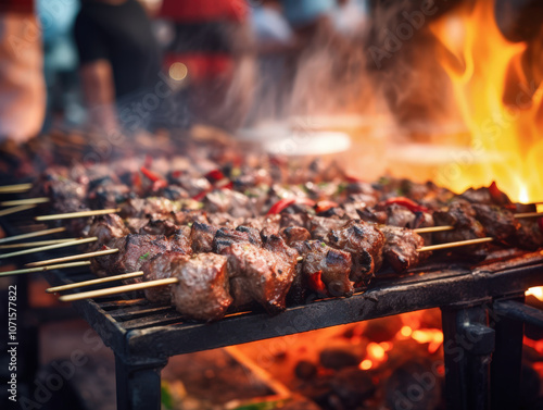 Brochetas de carne asándose en una parrilla con fuego intenso y brasas en ambiente exterior...