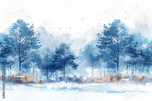 Watercolor painting of a snowy forest landscape with tall pine trees.