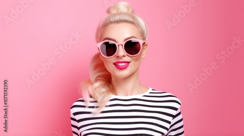 A fashionable mature woman with retro sunglasses and a striped top exudes charm and sophistication against a pastel pink backdrop.