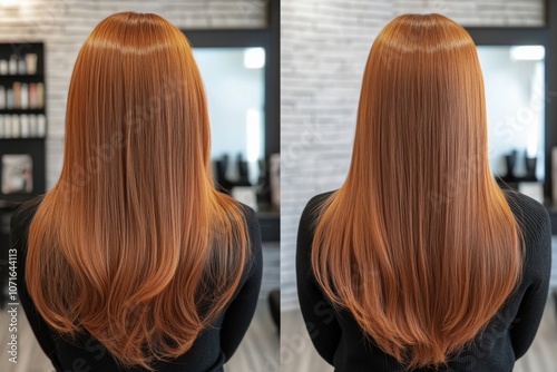 Side-by-side comparison woman back has long Keratin Straightening Of Unruly