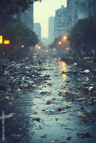 Urban river of trash in a gloomy city setting