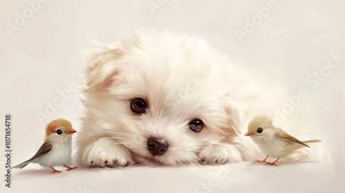 Dearest friends between a cutest baby dog and a cutest baby bird.