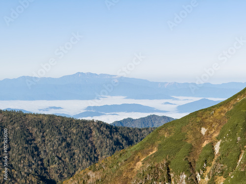 北アルプス小池新道から雲海越しに望む白山連峰の美しい山並み