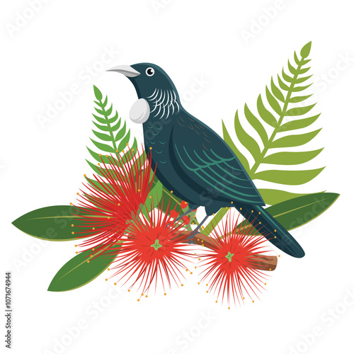 A tui, a native bird of New Zealand, perched on a branch with red pohutukawa flowers and green leaves.