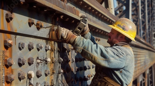 A closeup shot of a worker handdrilling holes into the side of the bridge securing additional support beams.