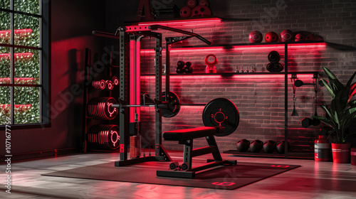 modern gym setup featuring weight bench, barbell, and exercise equipment in stylish red lit environment. space is designed for fitness enthusiasts