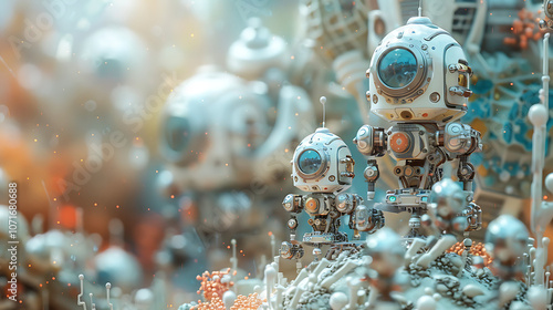 A whimsical and futuristic scene featuring a gathering of adorable, diminutive robots. 