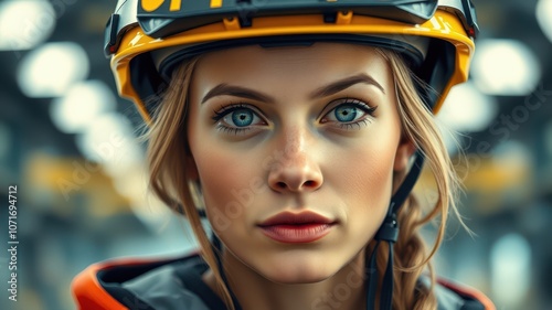 A woman with blonde hair and blue eyes looks directly at the camera while wearing a yellow helmet