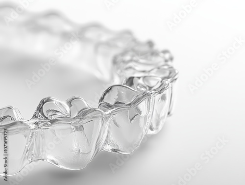 Closeup of a Clear Aligner for Teeth Straightening, Showing Detail of the Transparent Plastic Material and the Contoured Shape for a Comfortable Fit