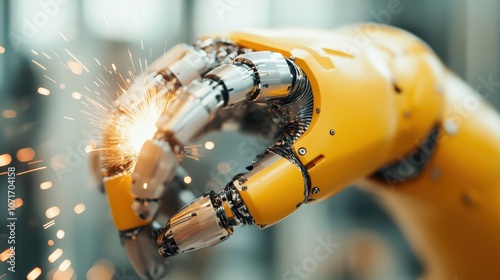 A yellow robotic hand grasps its own fingers as sparks fly dramatically, representing innovation, technology, and progress in the modern era of robotics.