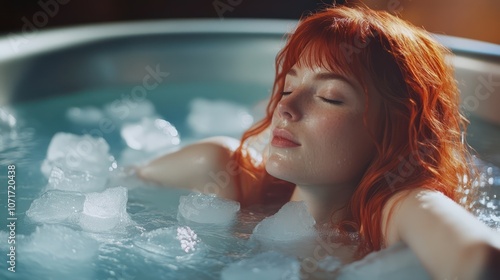 Red-haired woman taking an ice bath. Healthy routines