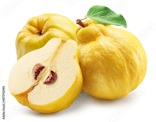 Quinces and longitudinal section of quince, with green leaf on white background. File contains clipping path.