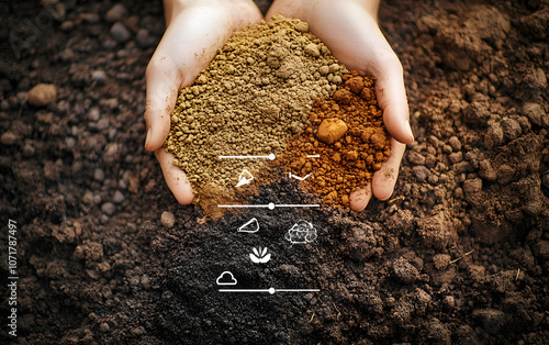 Top view of soil in hands for check the quality of the soil for control soil quality before seed plant. Future agriculture concept. Smart farming, using modern technologies in agriculture.