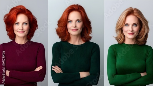 Hair color comparison, woman with different hairstyle shades. Hairdressing colorist techniques.