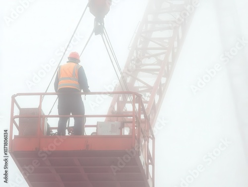 crane operator focused and determined, working in heavy fog, skillfully maneuvering materials, illustrating resilience and expertise in challenging conditions