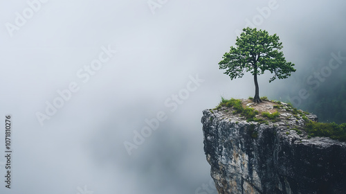 Einsamer Baum auf Felsvorsprung in nebliger Berglandschaft