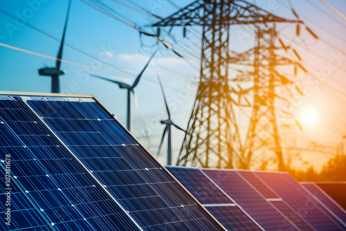 Solar panels in the foreground with wind turbines and power lines at sunset.