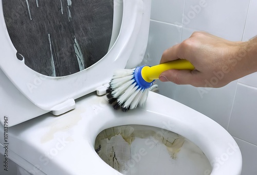 scrubbing the toilet tank using a toilet tank cleaner and a brus