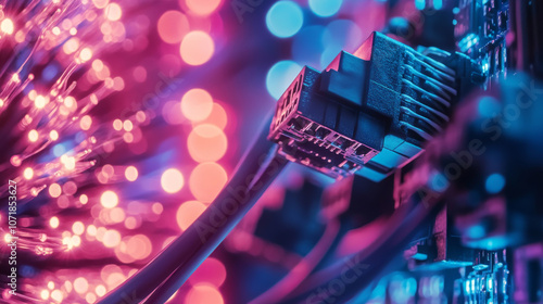 Cables used for computer networks, shown against a backdrop of fiber optic strands.